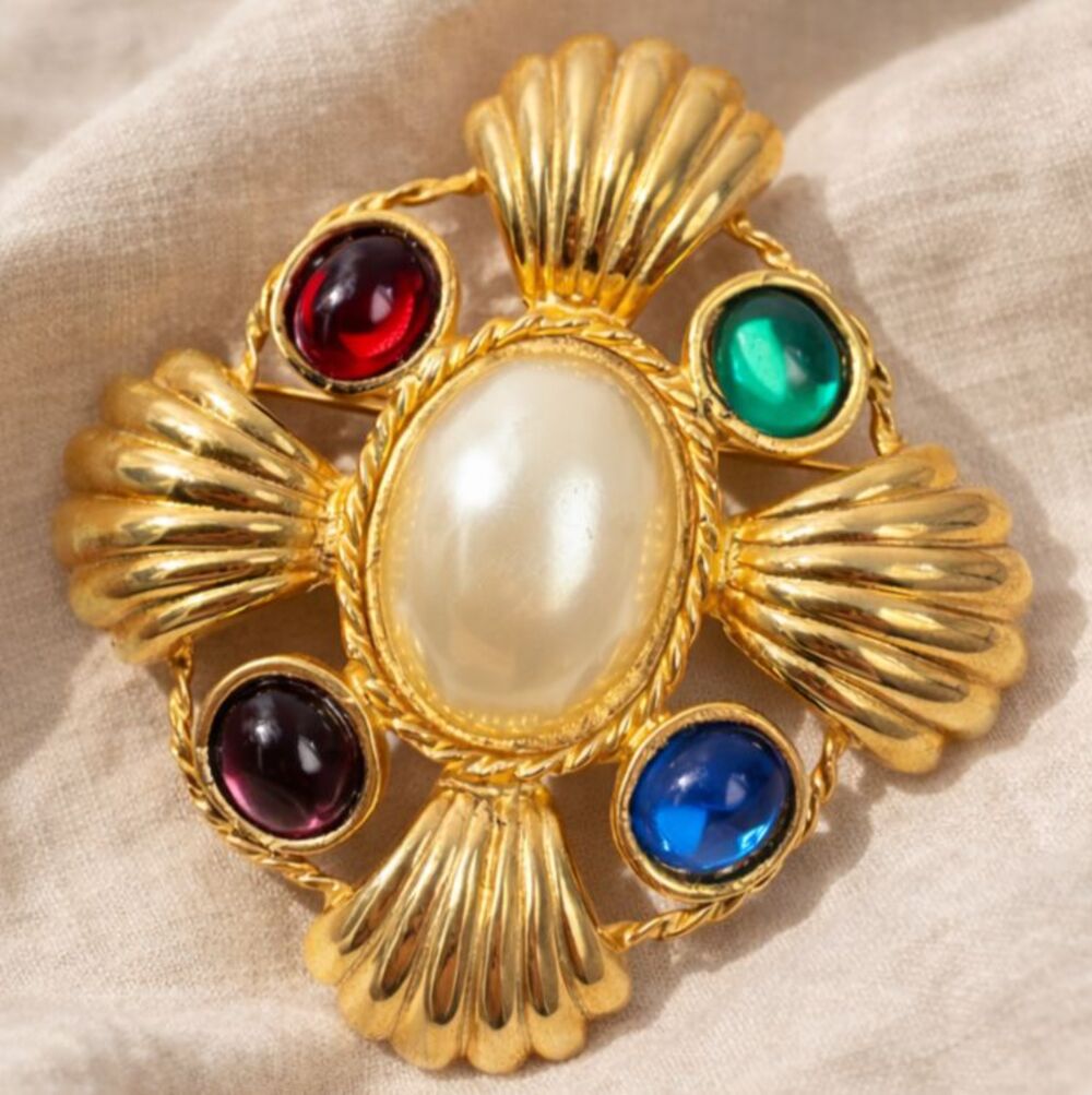 Vintage 1980s Maltese Cross Statement Brooch Gold Tone Pearl Jewel Tone Pin